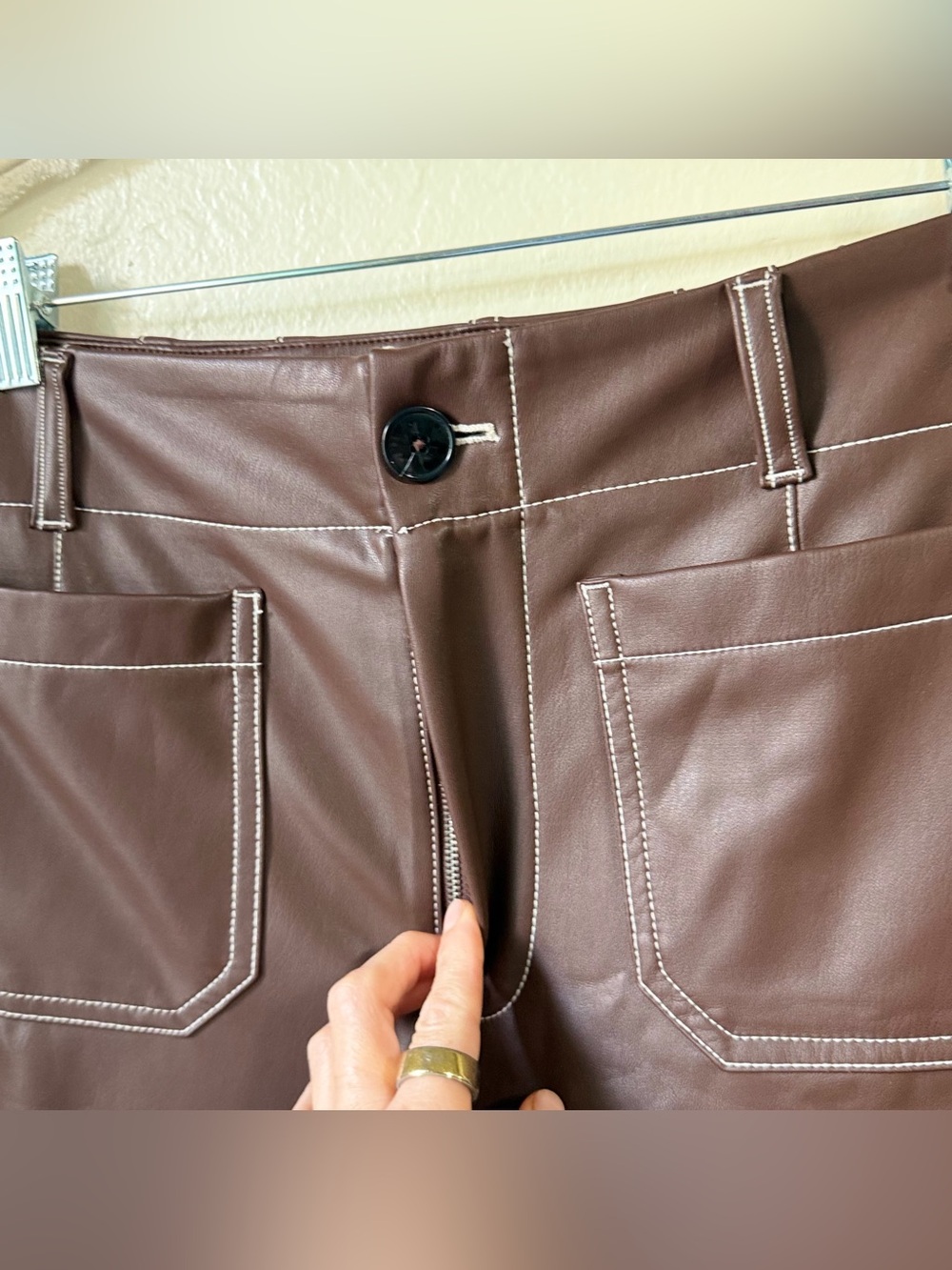 Anthropologie Maeve Colette Faux Leather Crop Wide‎ Leg Pants Brown Stitch 27 - Picture 8 of 9